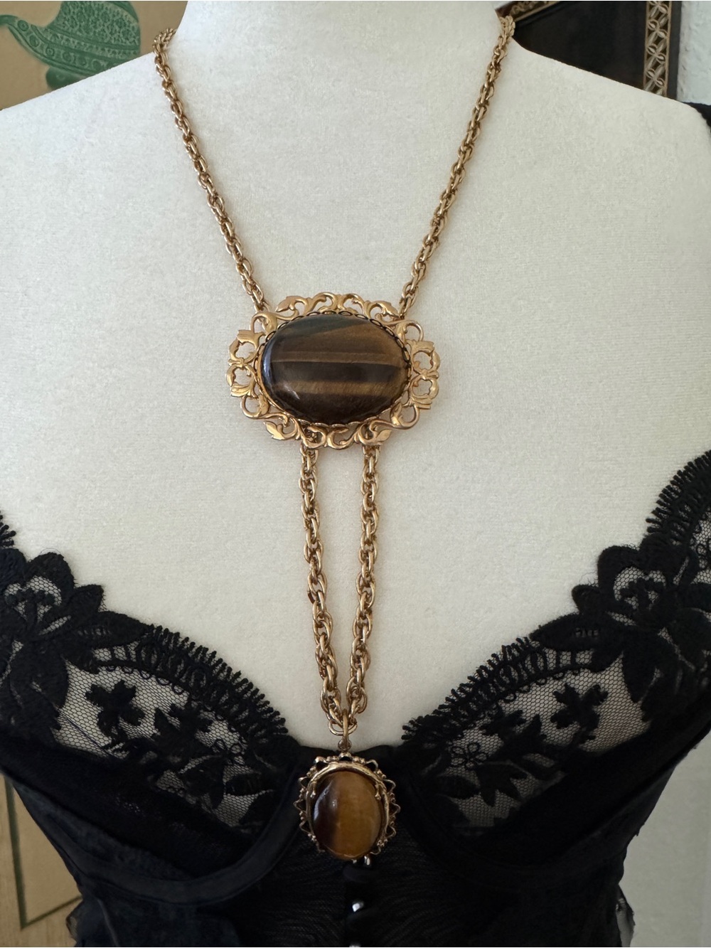 Vintage Tiger's Eye Pendant Necklace and Brooch Set Gold Tone Filigree Boho